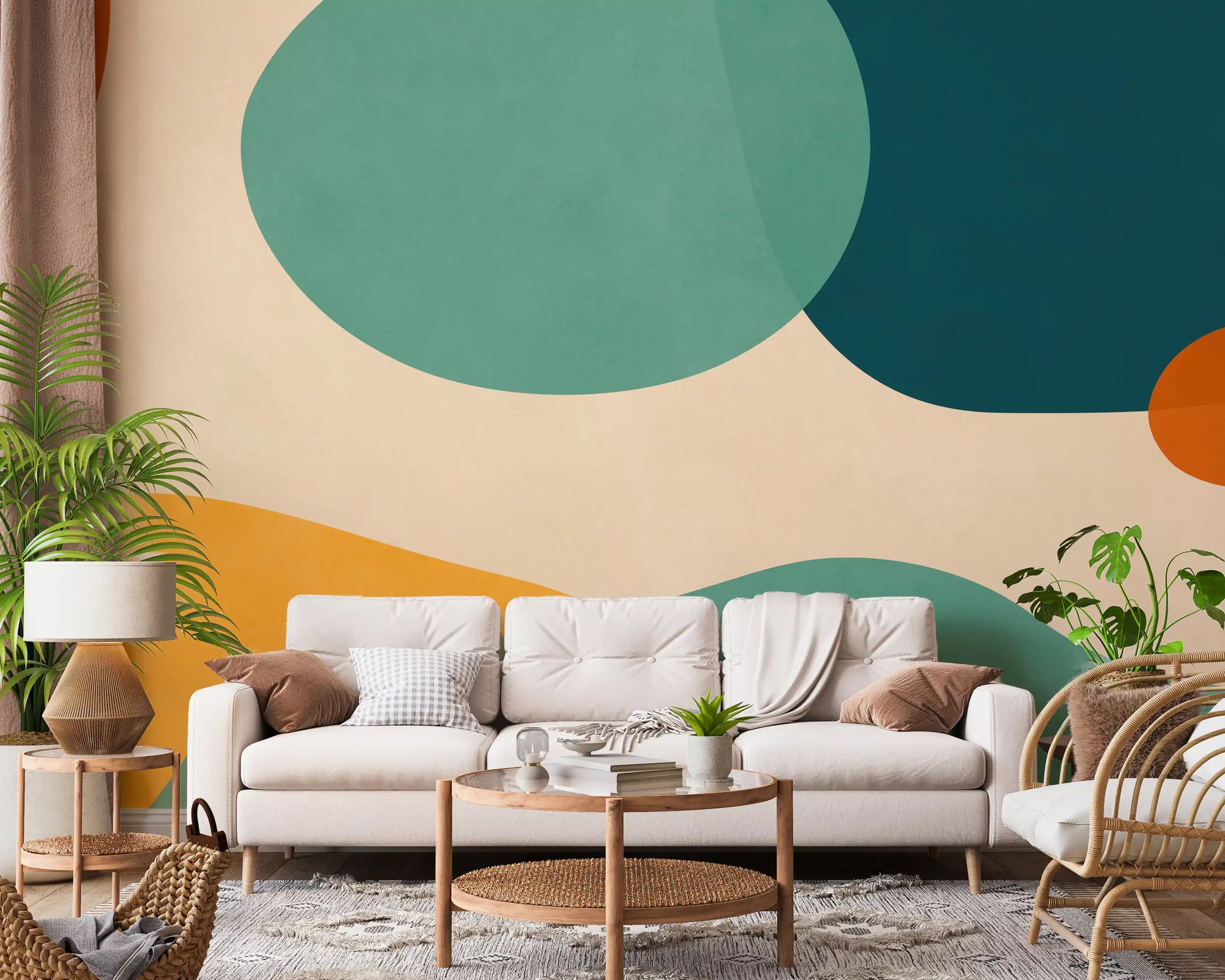 Mid-Century Abstract Flow Wall Mural with minimalist curved graphics and colour dots., GD10301