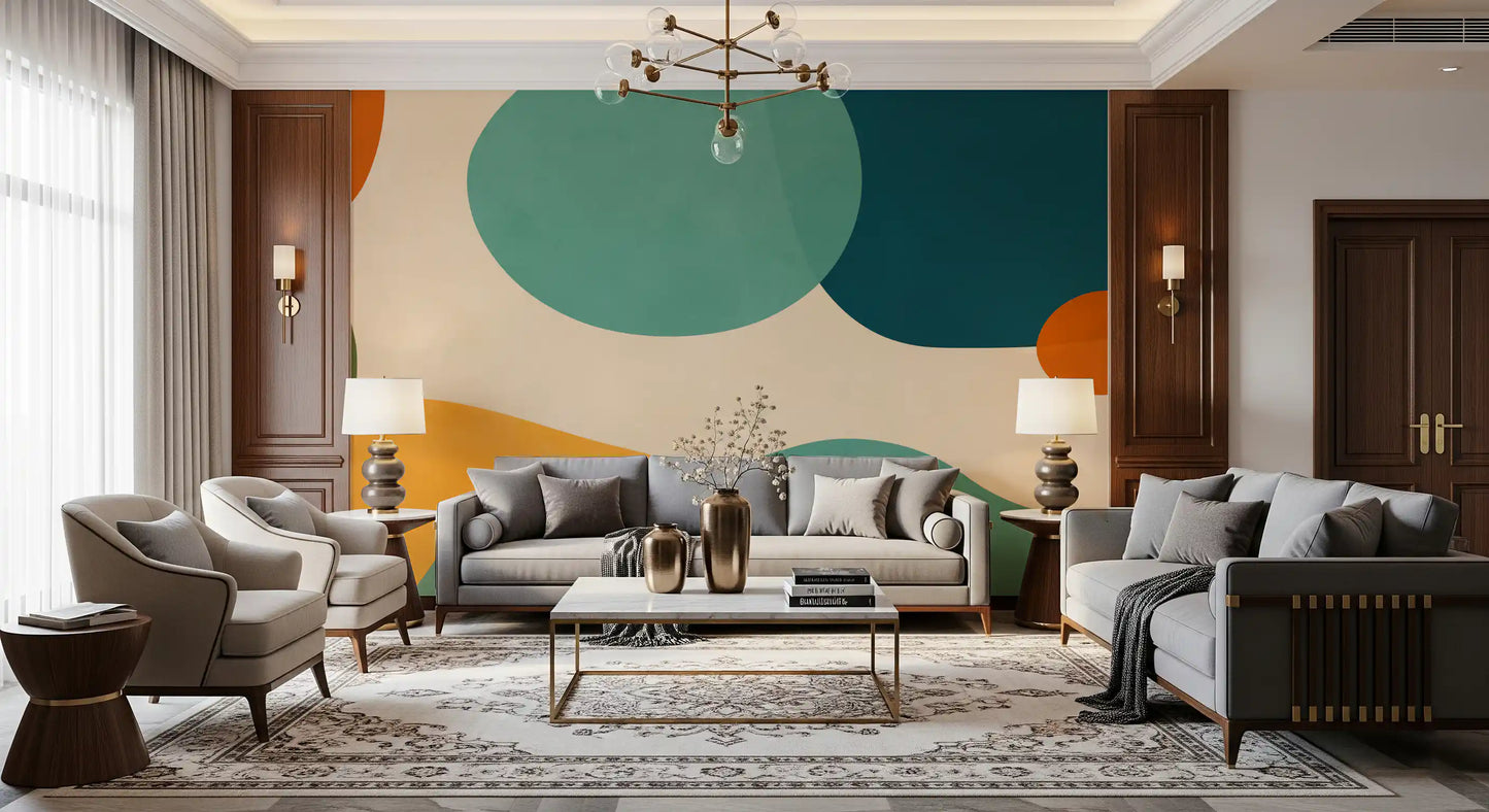 Abstract style wall mural displaying smooth waves in vintage mustard and deep teal., GD10301