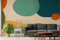Mid-Century Abstract Flow Wall Mural with orange, teal and mustard yellow colours in living room., GD10301
