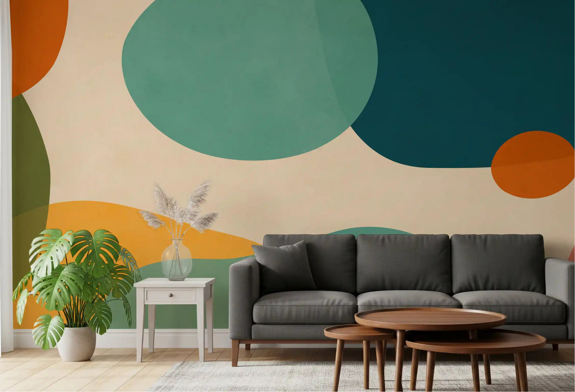 Mid-Century Abstract Flow Wall Mural with orange, teal and mustard yellow colours in living room., GD10301