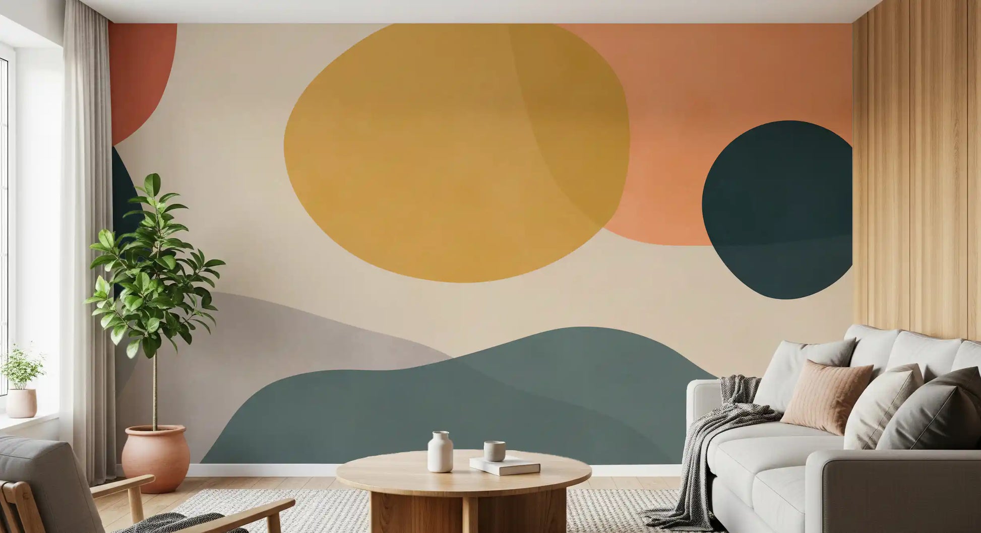 Geometric Earth colour shapes wall mural on a bright plain background., GD10302