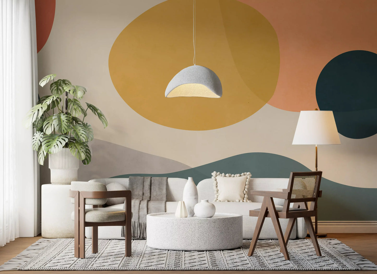 Navy blue and sage green curved Abstract figures wall mural in living area., GD10302