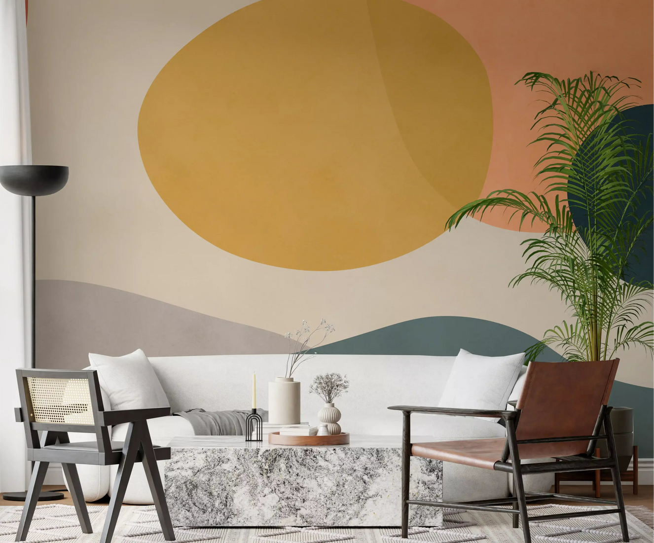 Large Earth tone shapes on light background wall mural for living room.