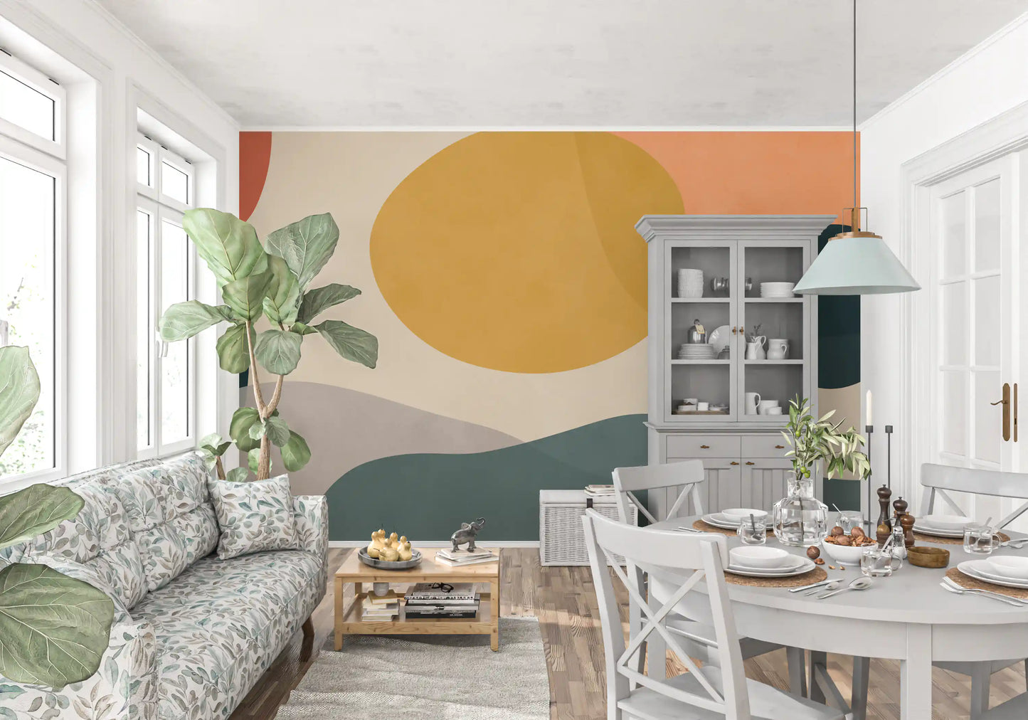 Abstract Earth Forms Wall Mural with dark blue, mustard, and beige circles., GD10302