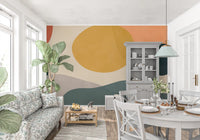 Abstract Earth Forms Wall Mural with dark blue, mustard, and beige circles., GD10302