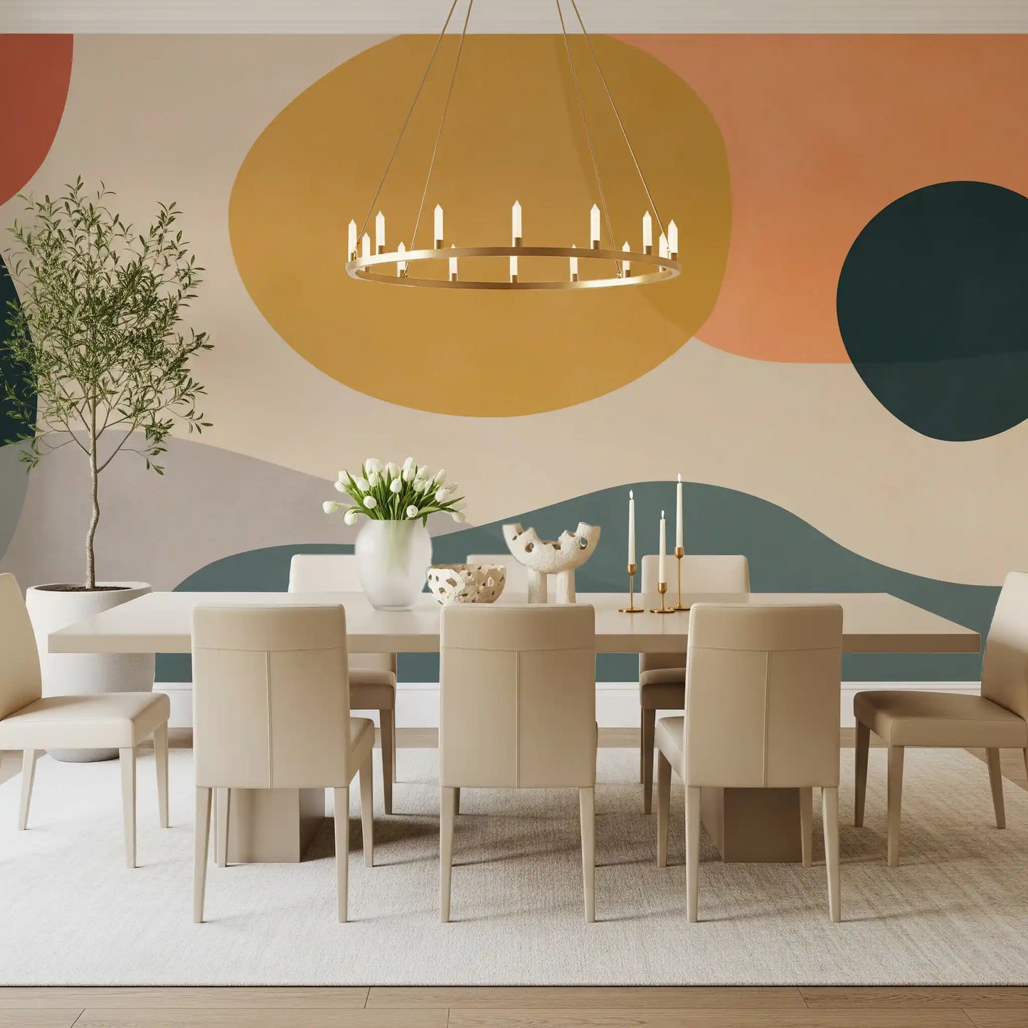 Flat modern graphic Forms wall mural with sage, navy, and yellow tone in dining room., GD10302