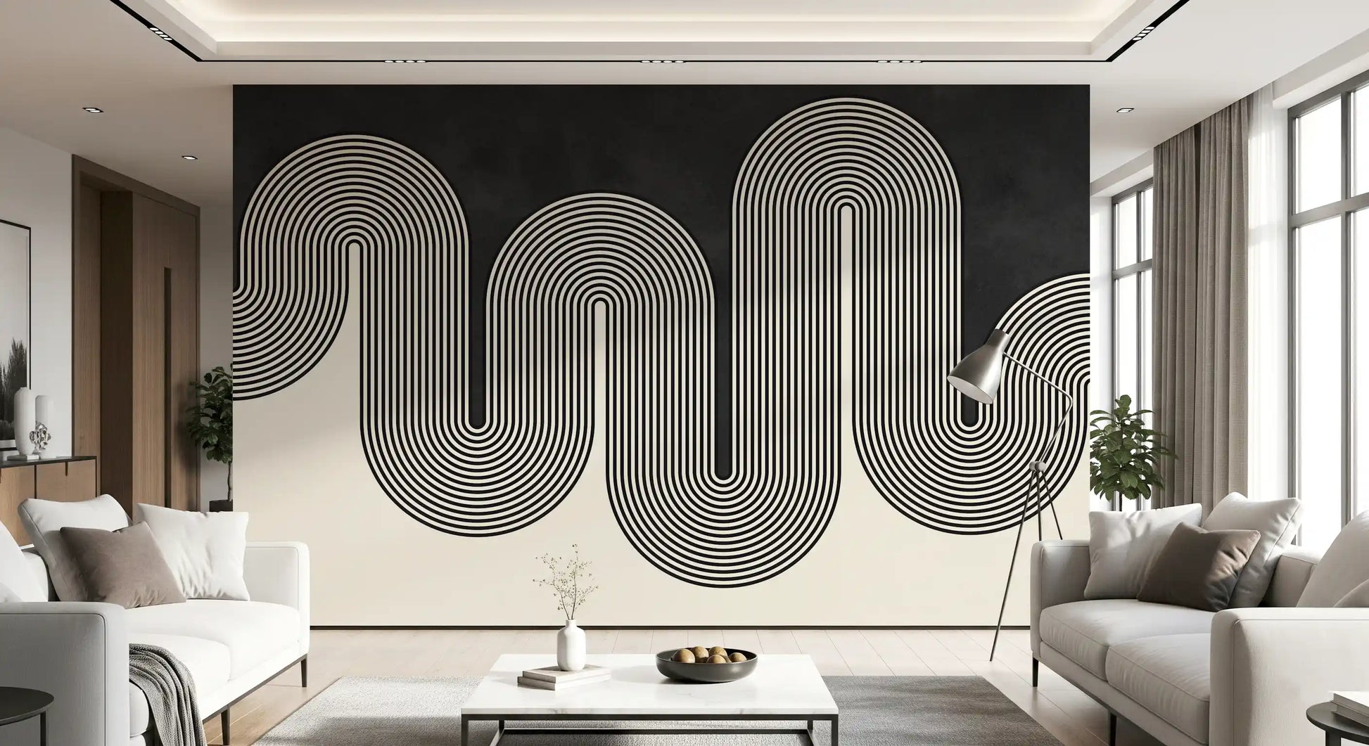 Dynamic graphic wave wall mural for a minimalist living room., GD10303