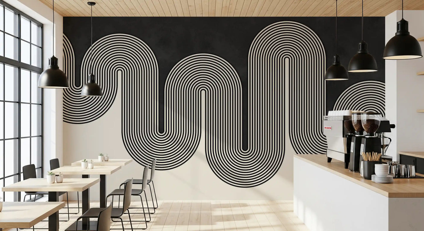 Monochromatic flowing line art wall mural featuring a bold wave pattern., GD10303