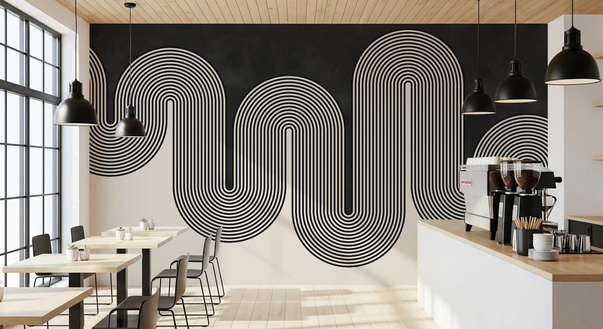 Monochromatic flowing line art wall mural featuring a bold wave pattern., GD10303