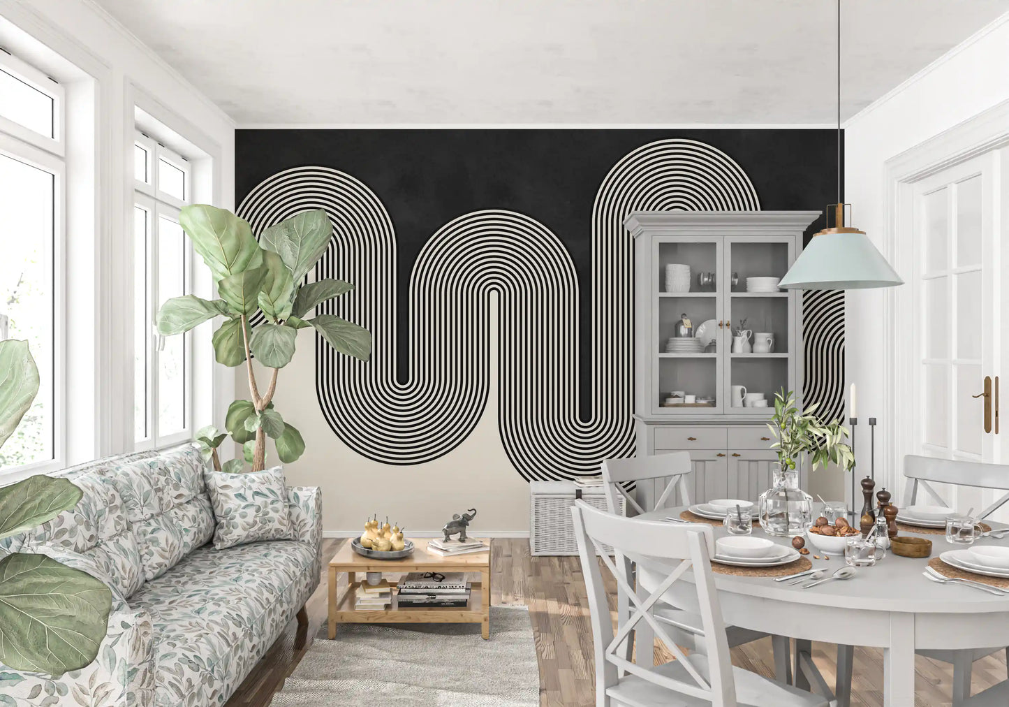 Retro curved arch wall mural in a dual-tone contrasting layout., GD10303