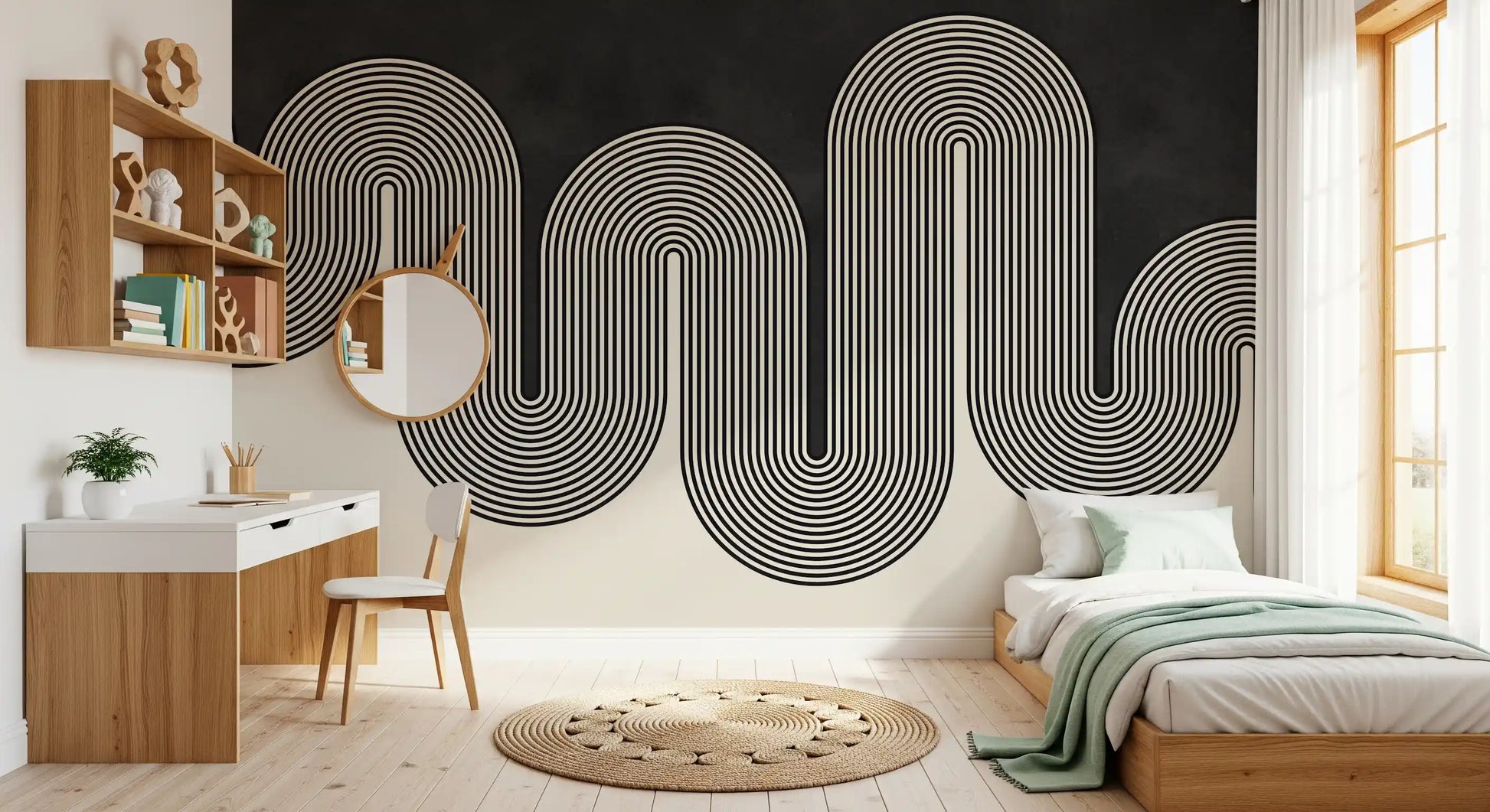 Groovy Arch Waves Wall Mural in black and white for modern bedroom., GD10303