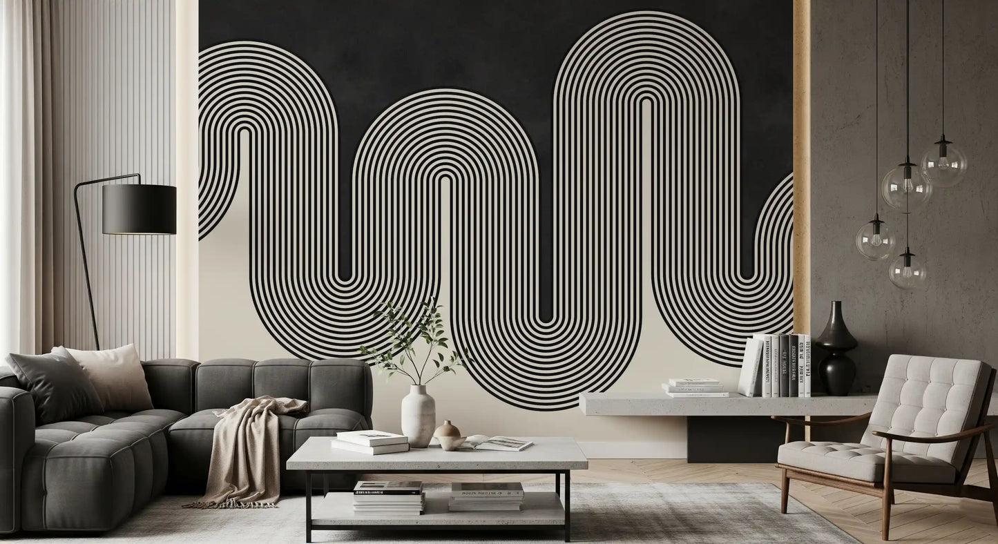 Black and off-white abstract wave wall mural with optical art styling., GD10303