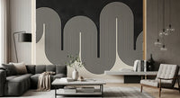 Black and off-white abstract wave wall mural with optical art styling., GD10303