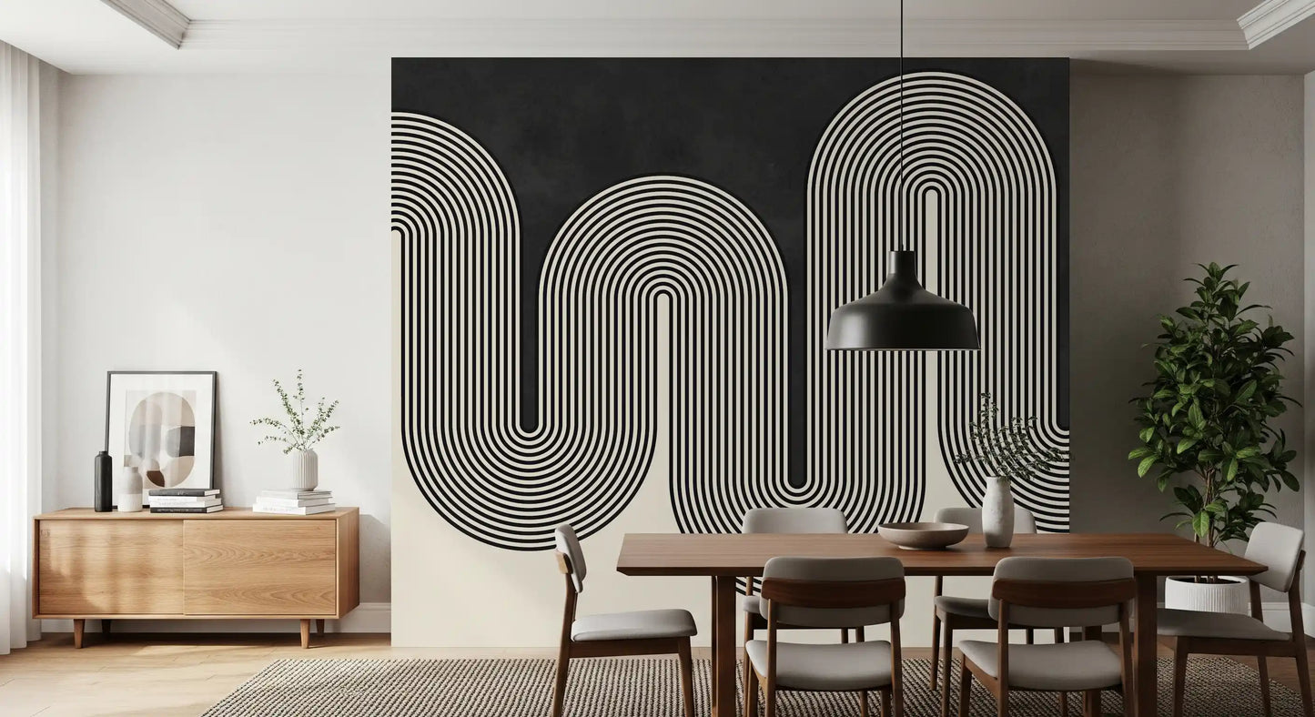 Continuous ribbon arch wall mural featuring parallel linear art graphics., GD10303