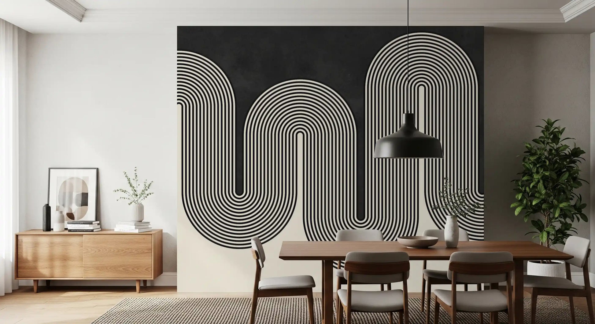 Continuous ribbon arch wall mural featuring parallel linear art graphics., GD10303