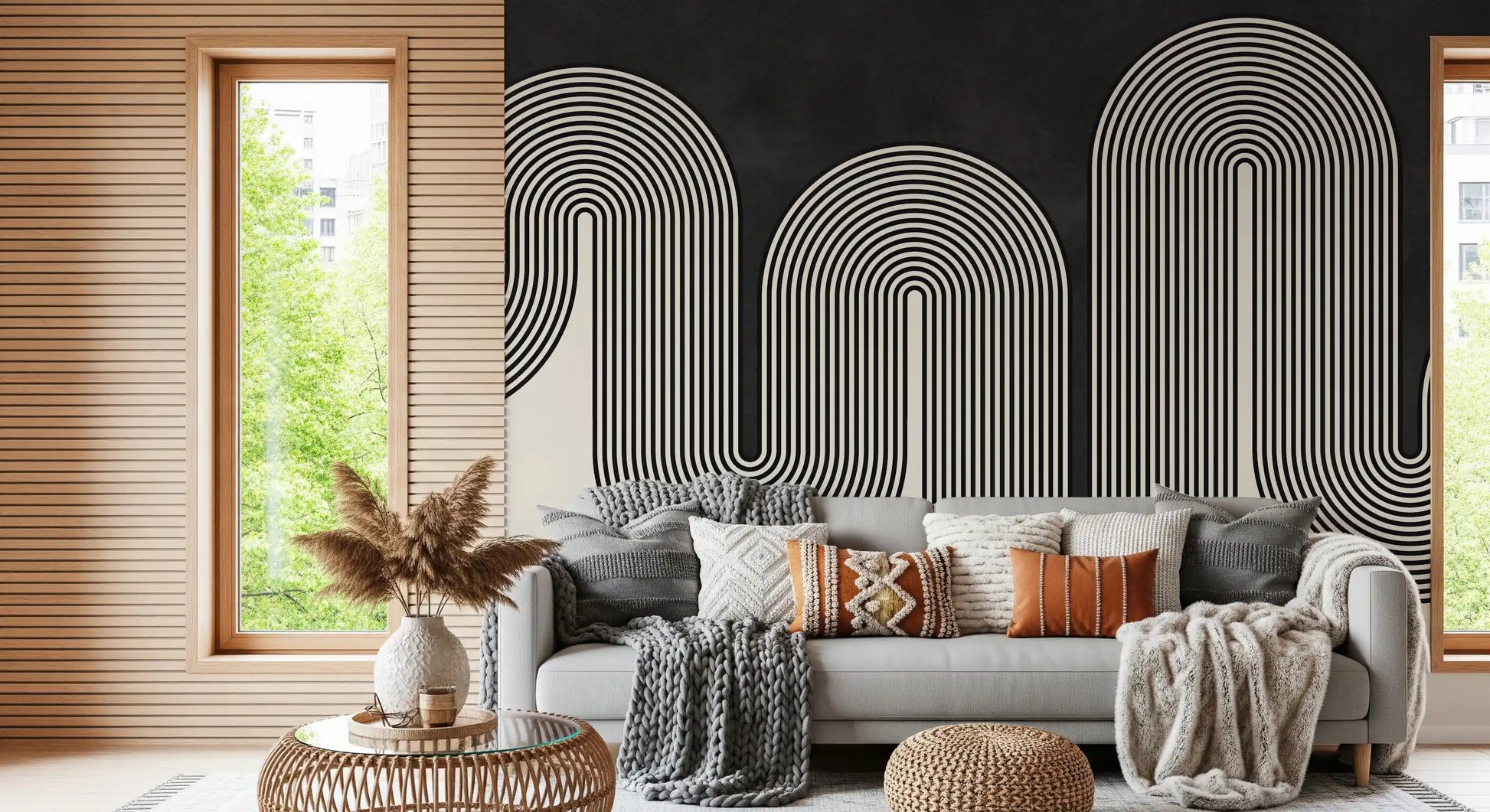 Groovy Arch Waves Wall Mural for a bold geometric hallway interior., GD10303