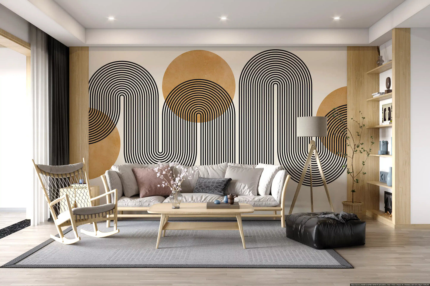 Continuous black line flow wall mural with mustard yellow geometric shapes.