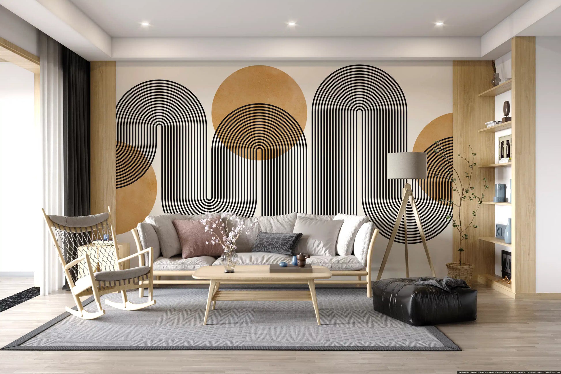 Continuous black line flow wall mural with mustard yellow geometric shapes.
