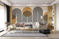 Continuous black line flow wall mural with mustard yellow geometric shapes.