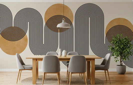 Golden Arches Flow Wall Mural featuring black wavy lines and geometric circles in dining room.