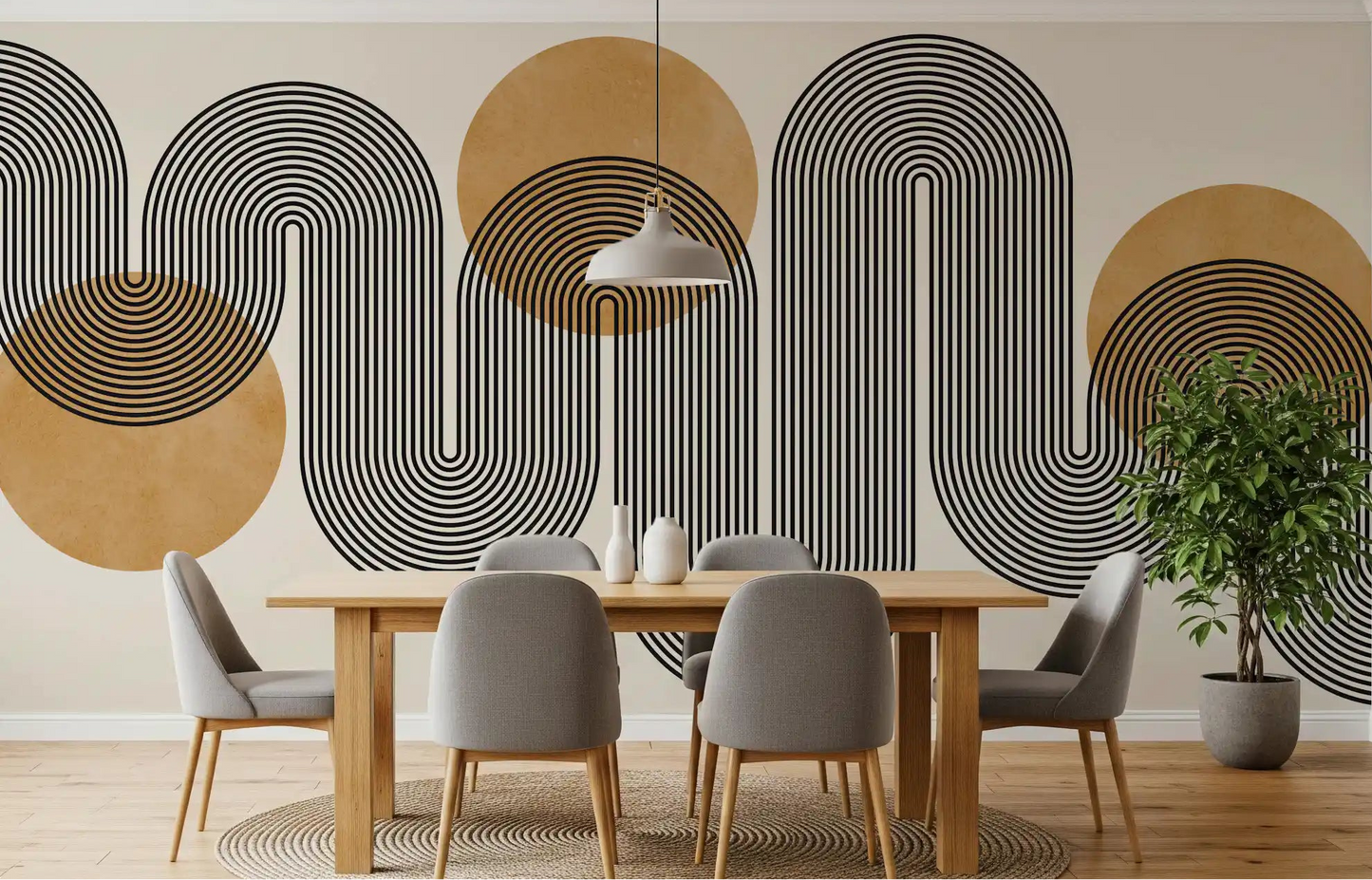 Golden Arches Flow Wall Mural featuring black wavy lines and geometric circles in dining room.
