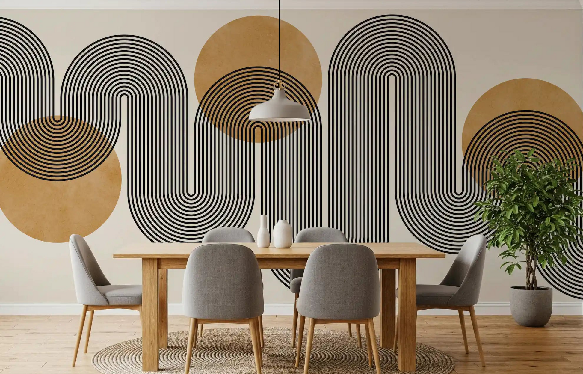 Golden Arches Flow Wall Mural featuring black wavy lines and geometric circles in dining room.