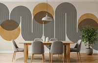 Golden Arches Flow Wall Mural featuring black wavy lines and geometric circles in dining room.