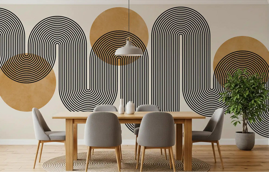Golden Arches Flow Wall Mural featuring black wavy lines and geometric circles in dining room., GD10304