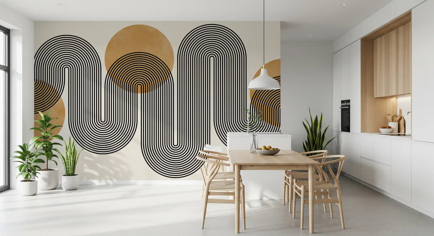 Mid-century modern golden circular pattern wall mural in dining room.