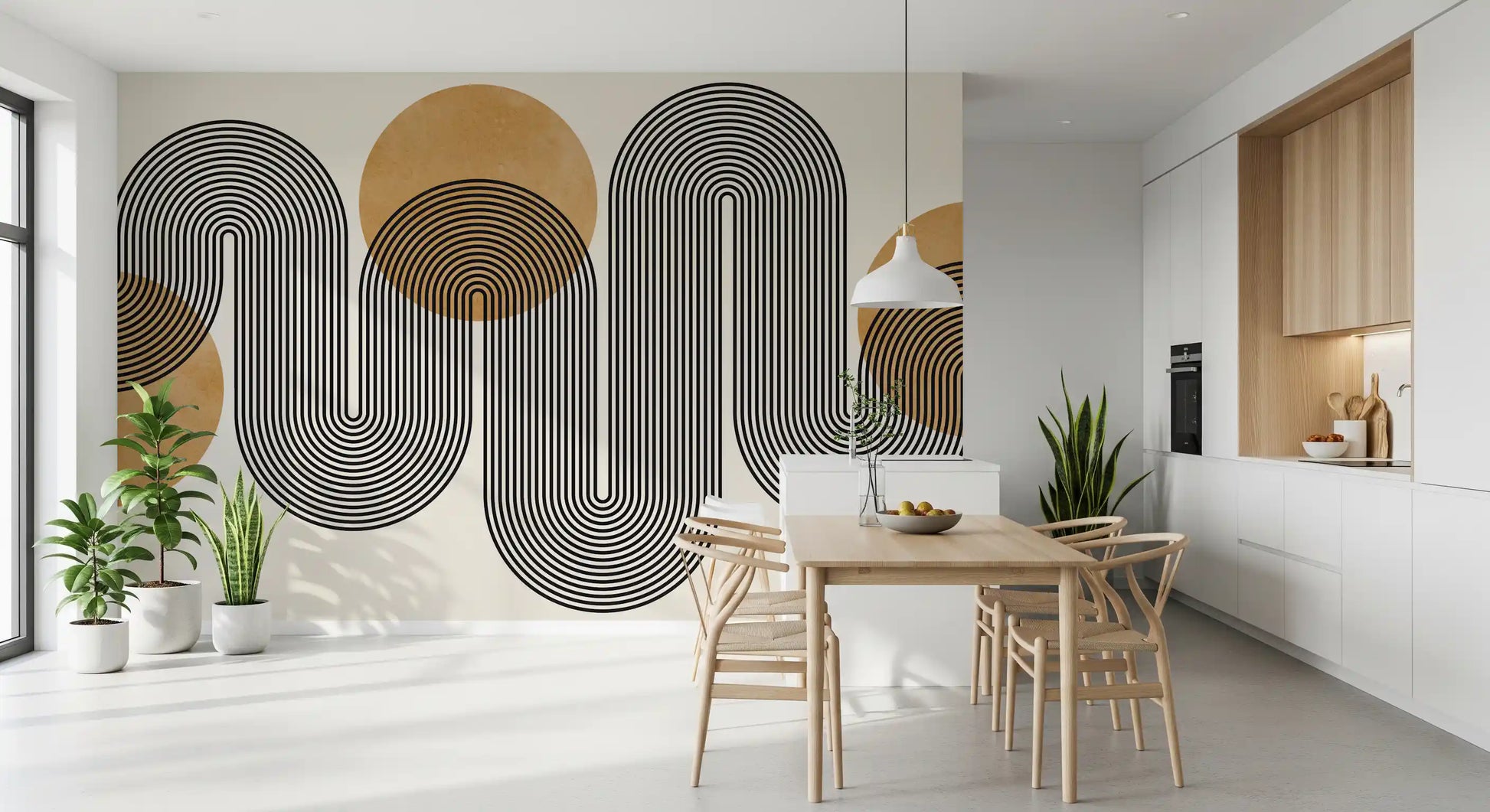 Mid-century modern golden circular pattern wall mural in dining room.