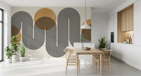 Mid-century modern golden circular pattern wall mural in dining room.