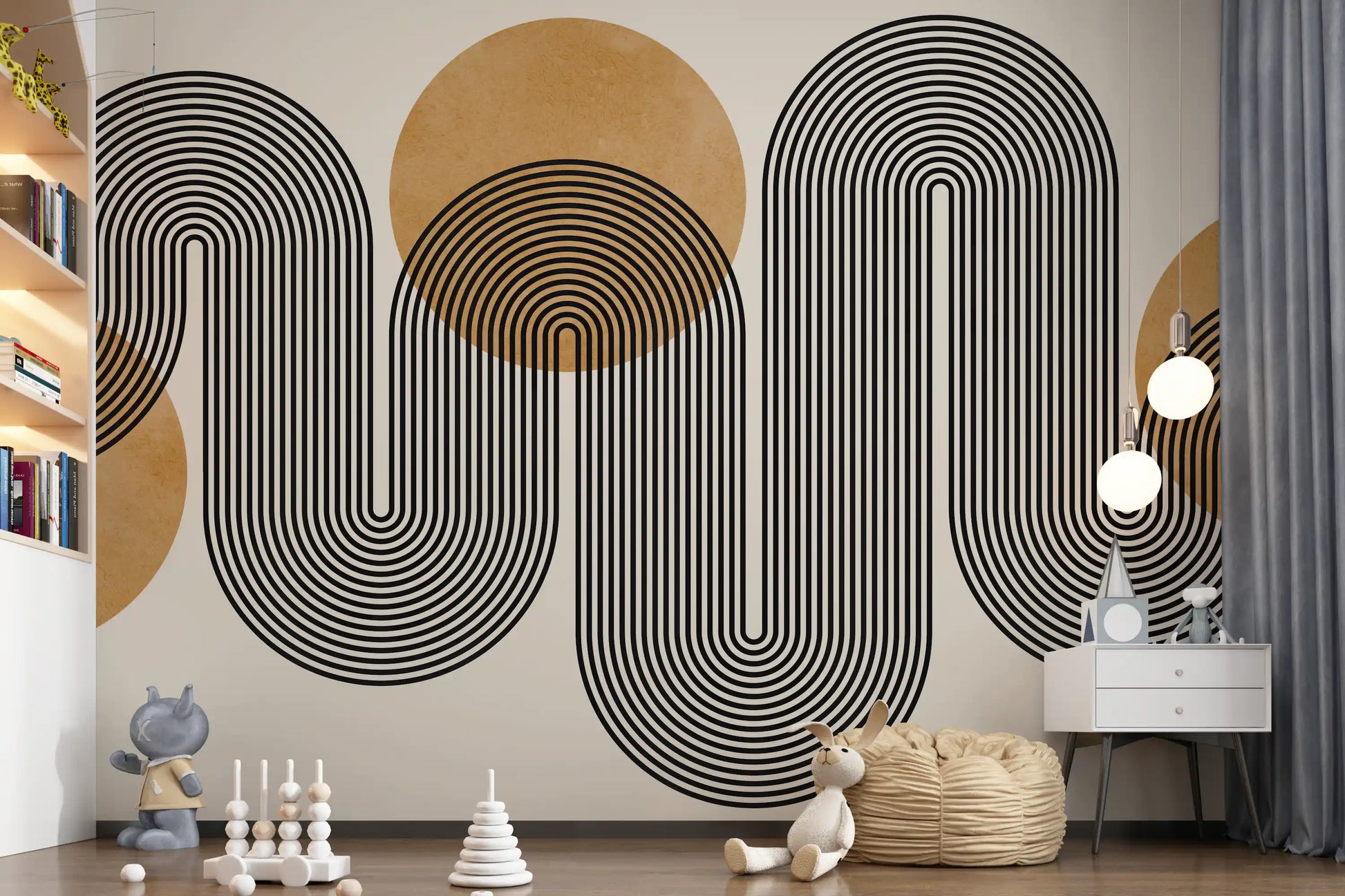 Seamless linear black and golden pattern wall mural for nursery backdrop.