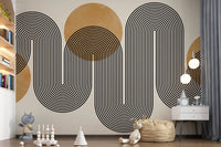 Seamless linear black and golden pattern wall mural for nursery backdrop.