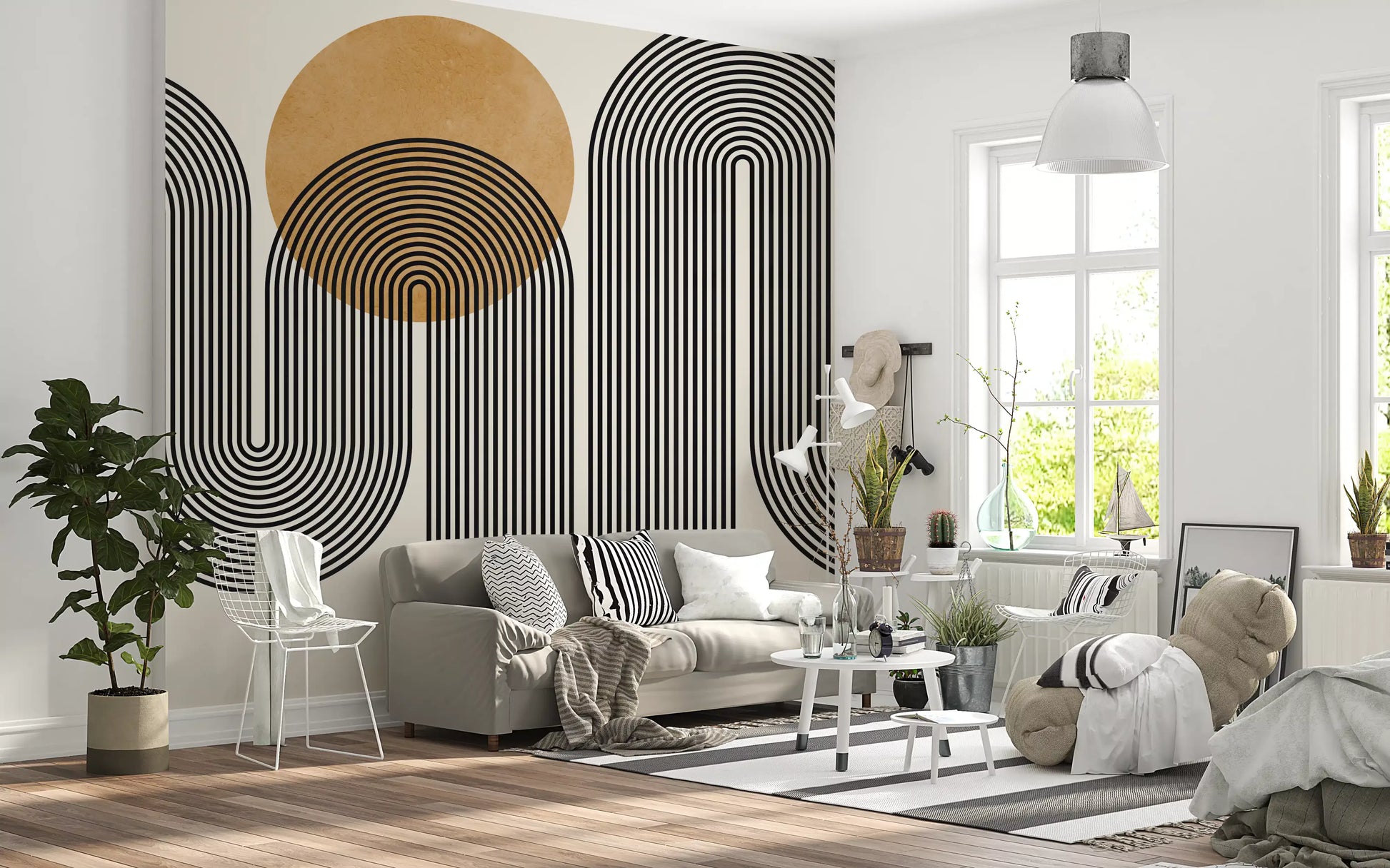 Abstract black and golden arch wall mural for modern living room spaces.