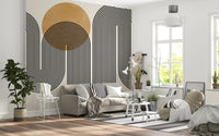 Abstract black and golden arch wall mural for modern living room spaces.