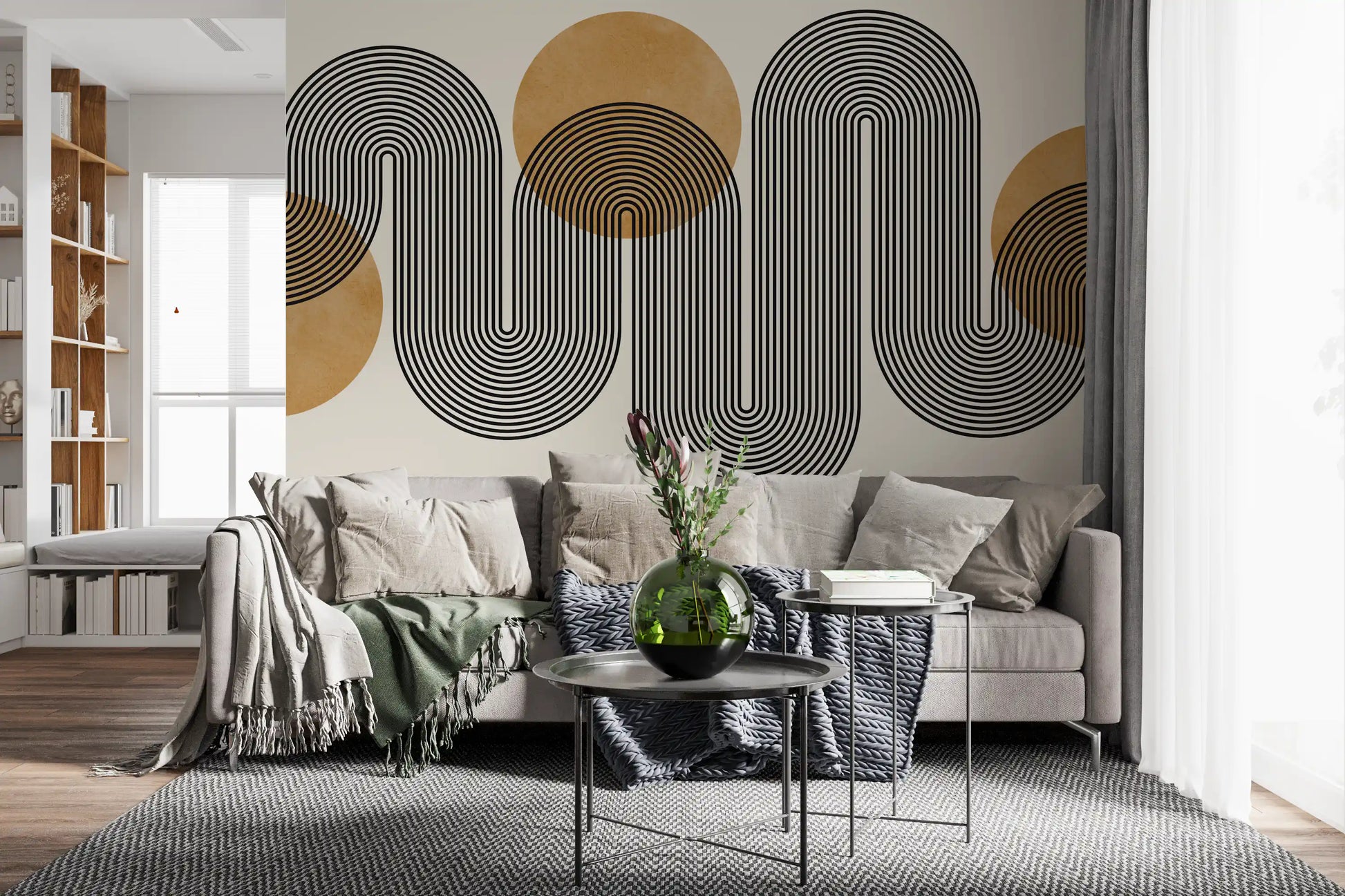Wavy black linear flow wall mural on a cream background for living room interior. 