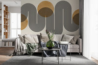 Wavy black linear flow wall mural on a cream background for living room interior. 