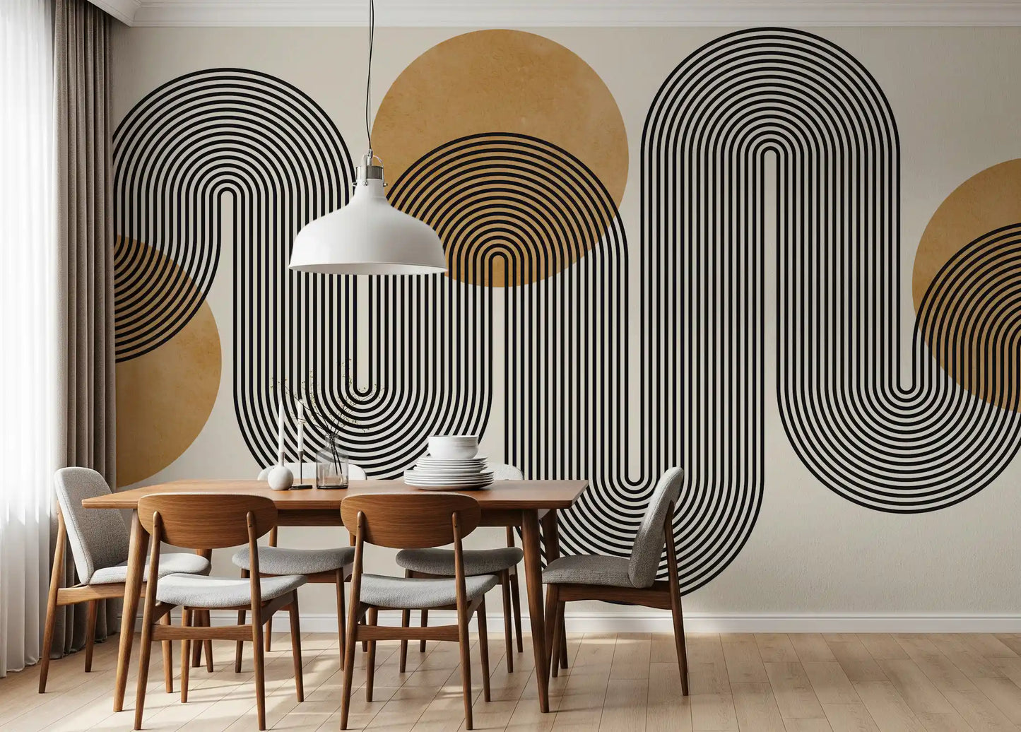 Geometric abstract arches wall mural with black lines and mustard circles.