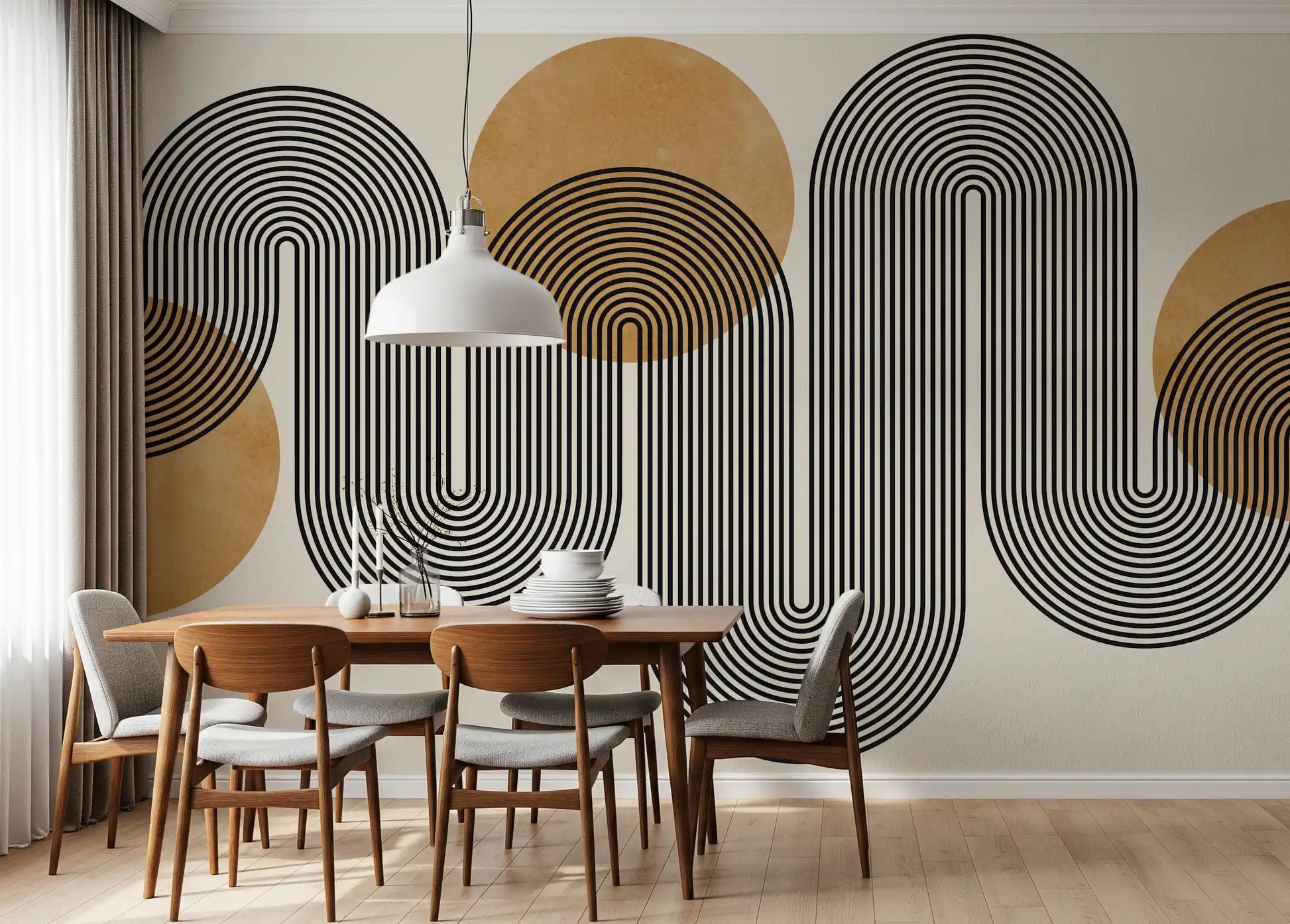 Geometric abstract arches wall mural with black lines and mustard circles.