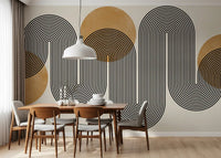Geometric abstract arches wall mural with black lines and mustard circles.