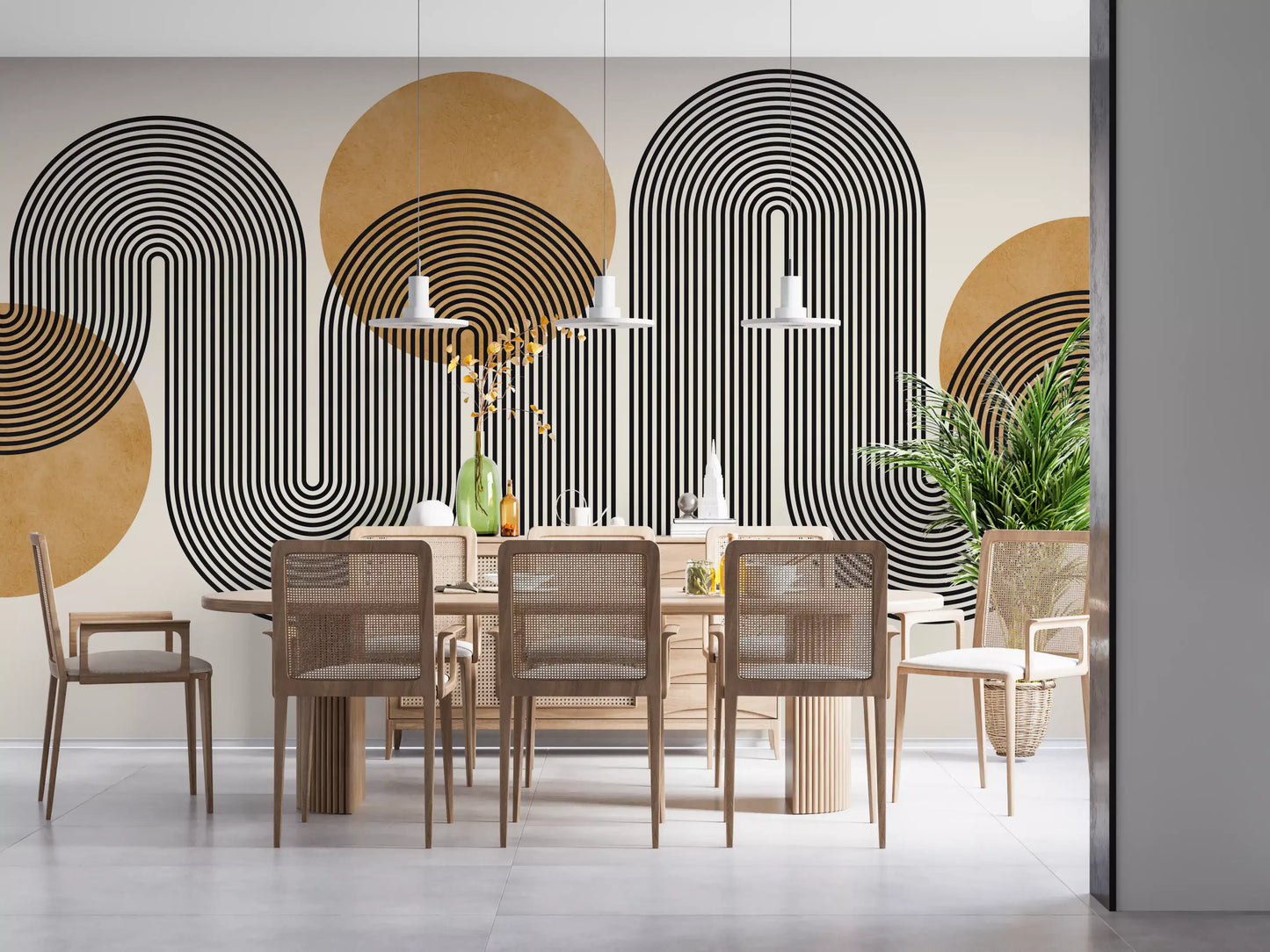 Golden Arches Flow Wall Mural with geometric curved line art.