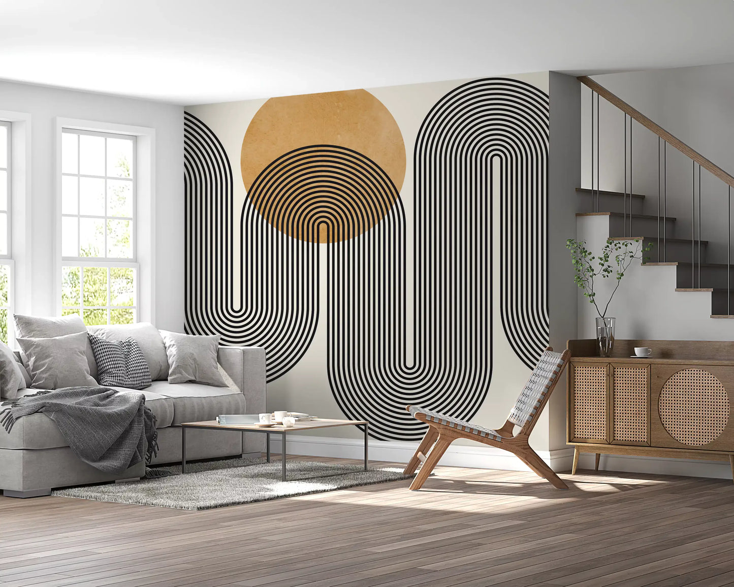 Flow design wall mural with repeating wavy lines and solid yellow circles.