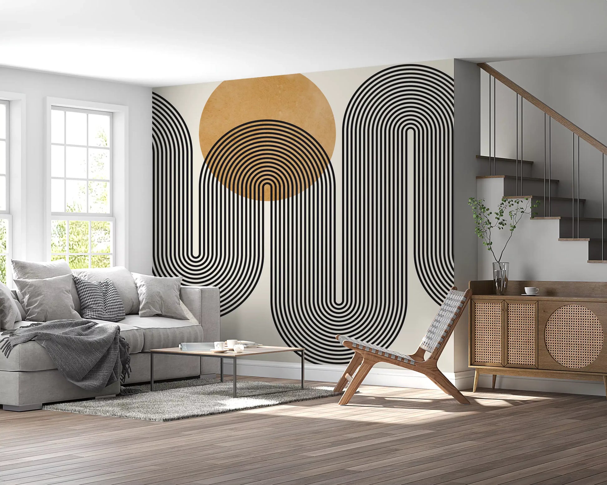 Flow design wall mural with repeating wavy lines and solid yellow circles.