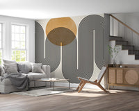 Flow design wall mural with repeating wavy lines and solid yellow circles.
