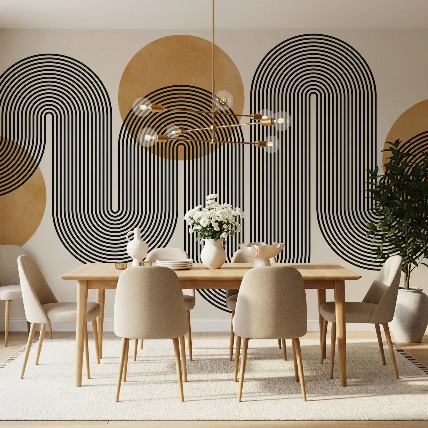 Retro style black linear flow wall mural with large mustard yellow dots.