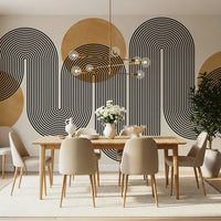 Retro style black linear flow wall mural with large mustard yellow dots.