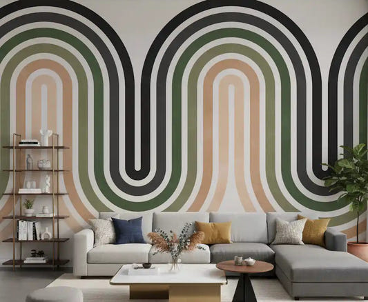 Organic Rhythm Curves Wall Mural with retro wavy lines for living room.