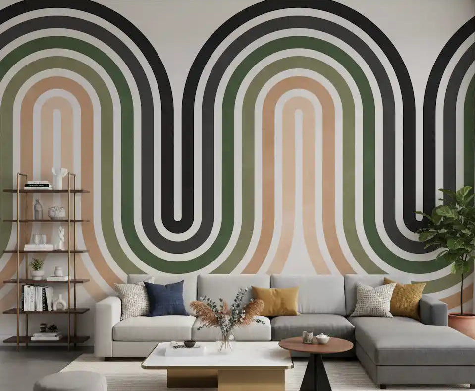 Organic Rhythm Curves Wall Mural with retro wavy lines for living room., GD10305