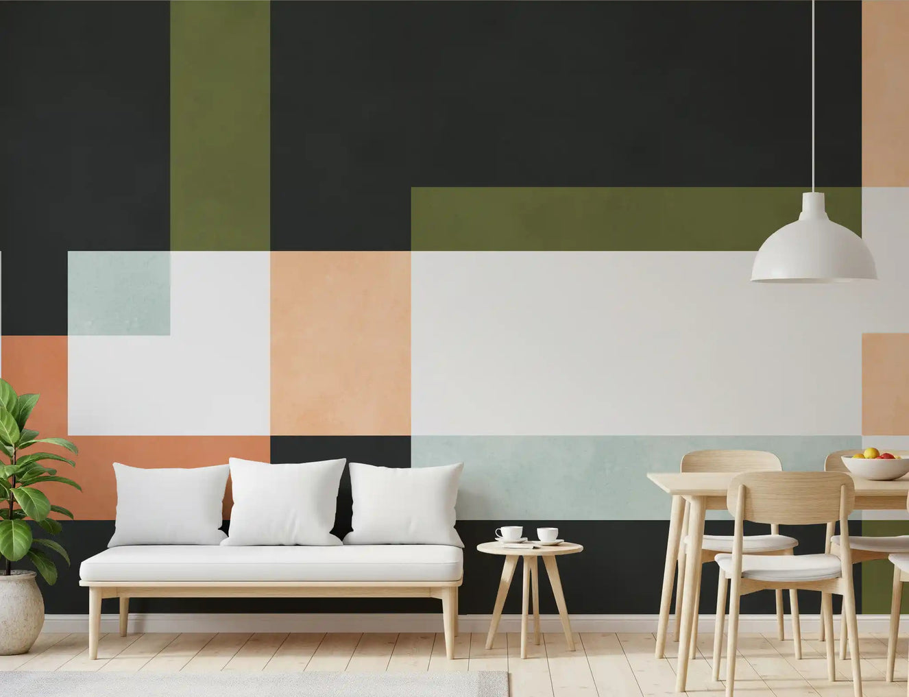 Geometric Layers Wall Mural with dark charcoal tone in dining room.