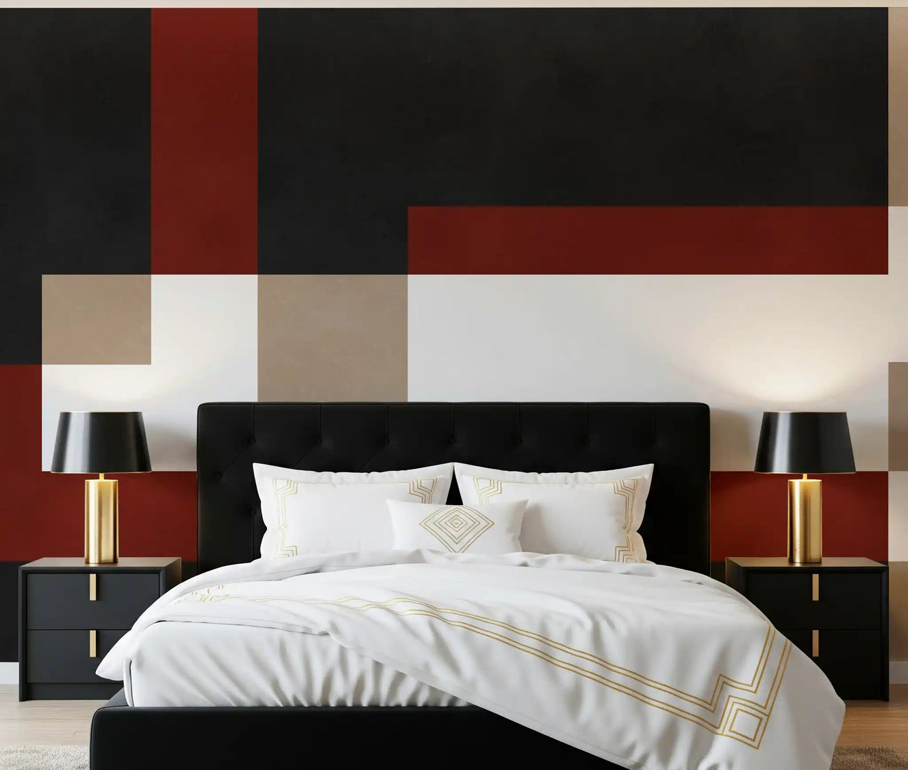 Geometric block wall mural displayed in a contemporary bedroom. 